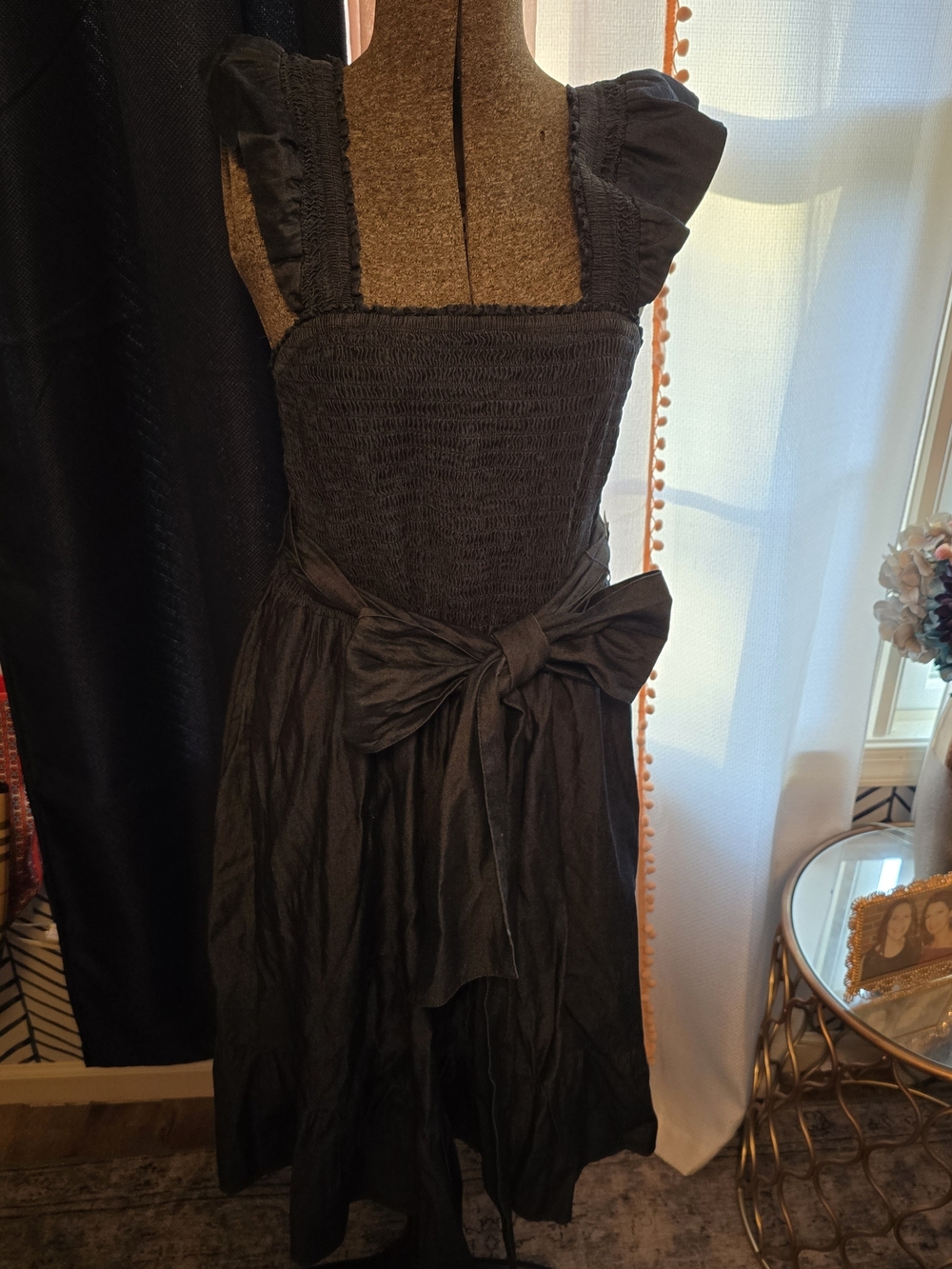 New York & Company Black Smocked Midi Dress with Bow Waist